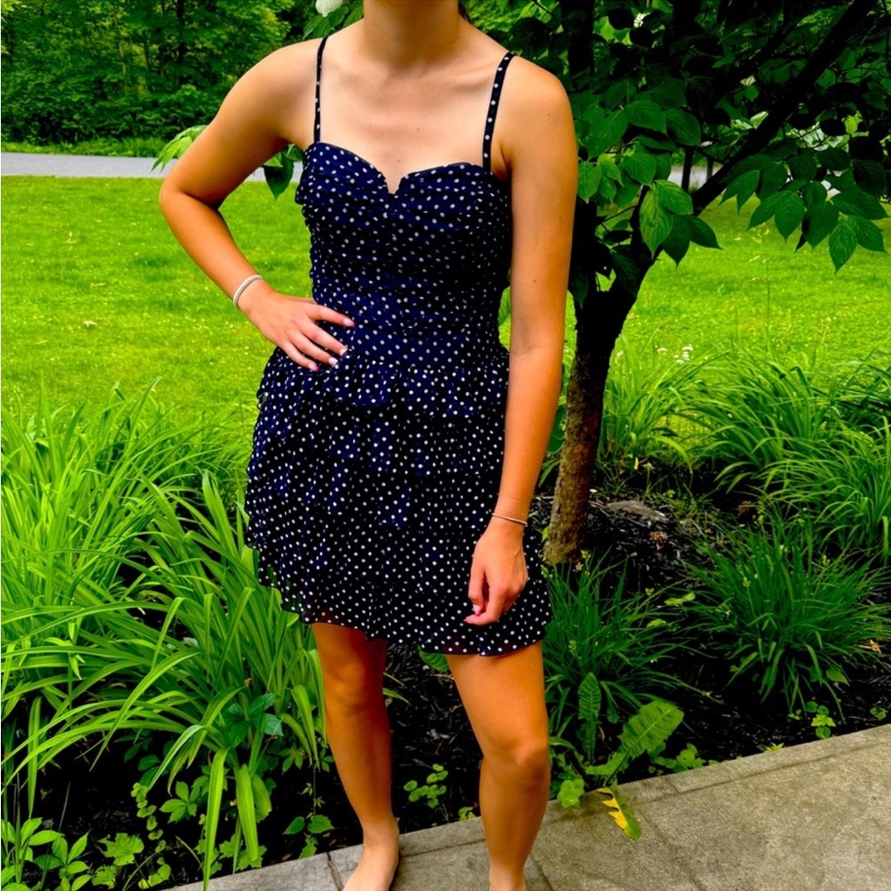 Forever 21 size medium navy blue & white polka dot ruffle special occasi…